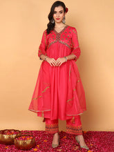 Women Pink Silk Blend Solid Embroidered Flared Kurta Trouser With Dupatta